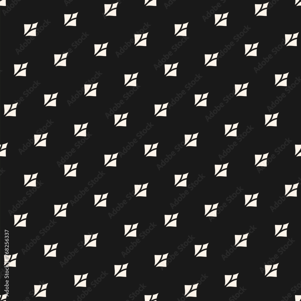 Vector geometric texture with small shapes, simple flower silhouettes, feathers in diagonal grid. Abstract black and white seamless pattern. Minimalist monochrome background. Repeating dark design Vector geometric texture with small shapes, simple flower silhouettes, feathers in diagonal grid. Abstract black and white seamless pattern. Minimalist monochrome background. Repeating dark design
