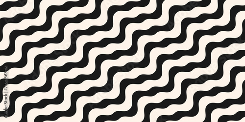 Black and white diagonal wavy lines seamless pattern. Vector abstract liquid stripes background. Simple monochrome texture with diagonal waves, fluid shapes. Groovy repeated design for decor, print