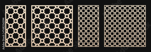 Laser cut patterns. Vector set with oriental geometric ornaments with grid, mesh, circles, floral silhouettes. Elegant template for cnc cutting, decorative panels of wood, metal. Aspect ratio 1:2, 1:1