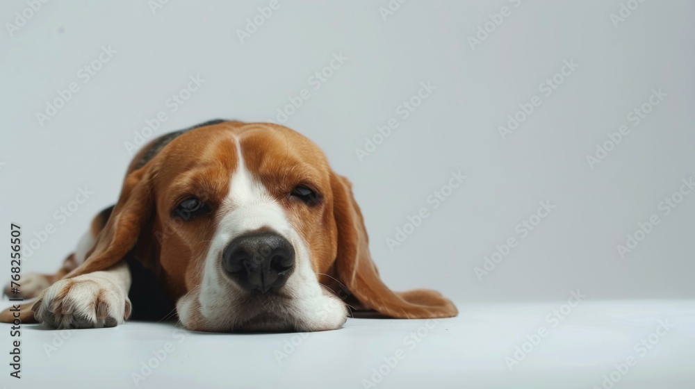 A beagle dog laying down on the floor. Generative AI.