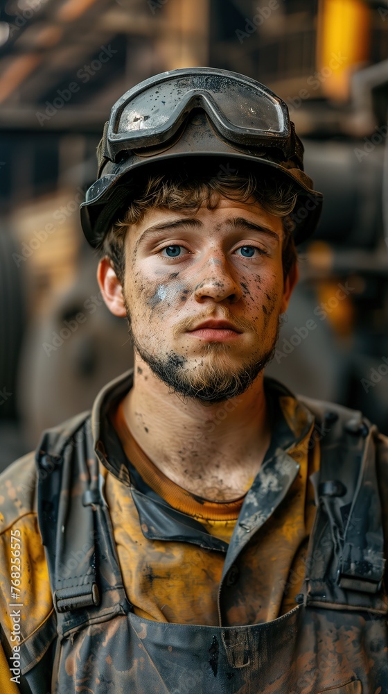 Man Wearing Hard Hat and Goggles