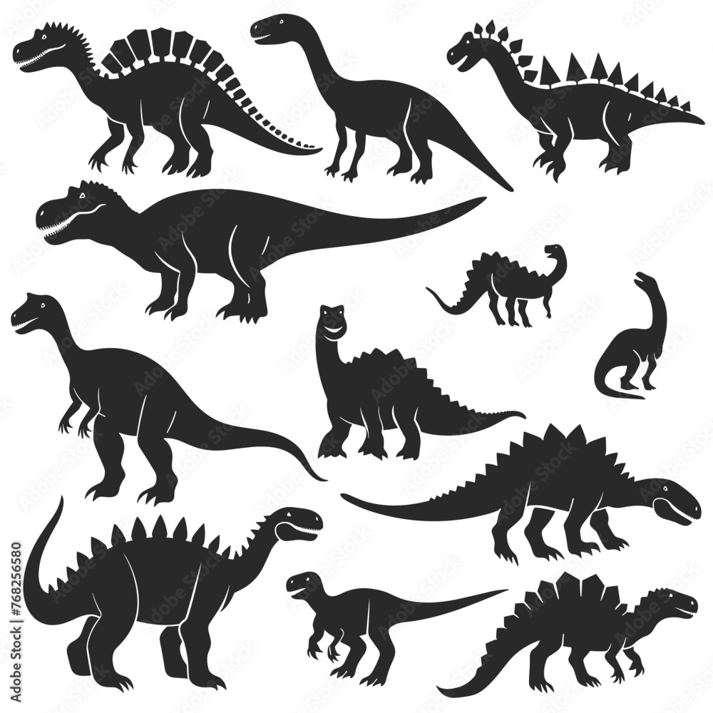 dinosaur icons set, black and white design. vector illustration.