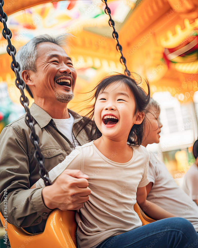 Asian granddad, delightful fair moments with granddaughters, swings, carousels, family happiness.