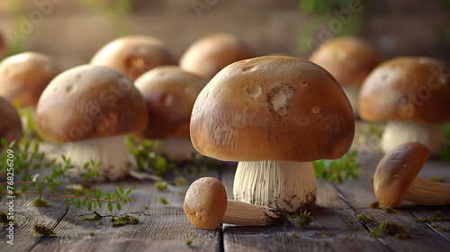 The image you’ve uploaded depicts a group of mushrooms arranged alongside some herbs on a wooden surface