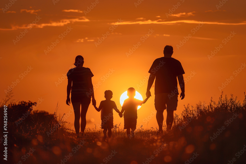 Back view silhouette of family with mom, dad and two children walking under sunset golden natural landscape