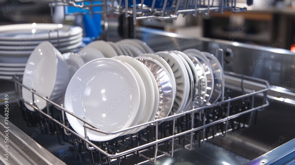 a rack with many plates in it in a kitchen area a rack with many plates in it in a kitchen area