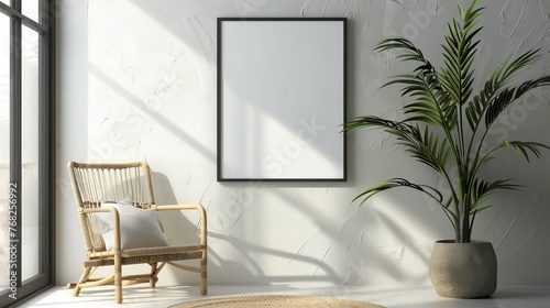 Elegant Interior Mockup with Empty Frame, Modern Chair, and Lush Plant by the Window