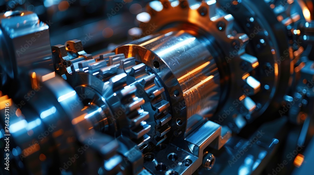 A close-up of a machine with various gears and metal components fitting together A close-up of a machine with various gears and metal components fitting together