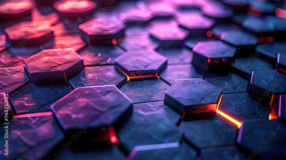 Obraz premium A 3D rendering of a grid of hexagonal shapes with glowing lights in the background