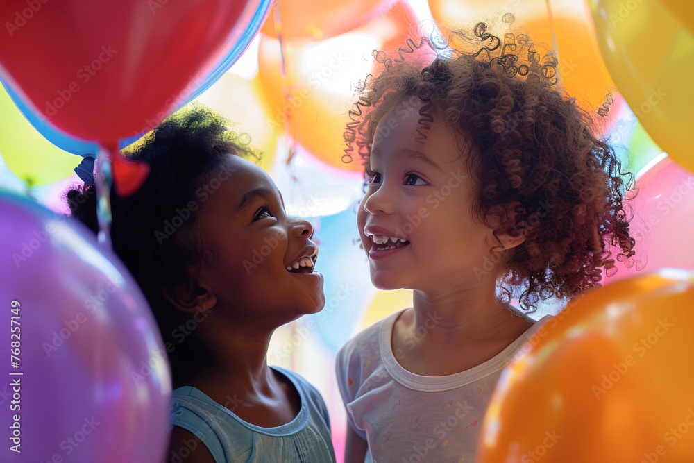 Fototapeta premium Two happy mixed race little girls surrounded by colorful balloons