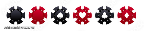 Set of casino poker chips. Poker chips color. Gambling casino chips. Collection of casino chips for gambling, poker, roulette. Vector illustration