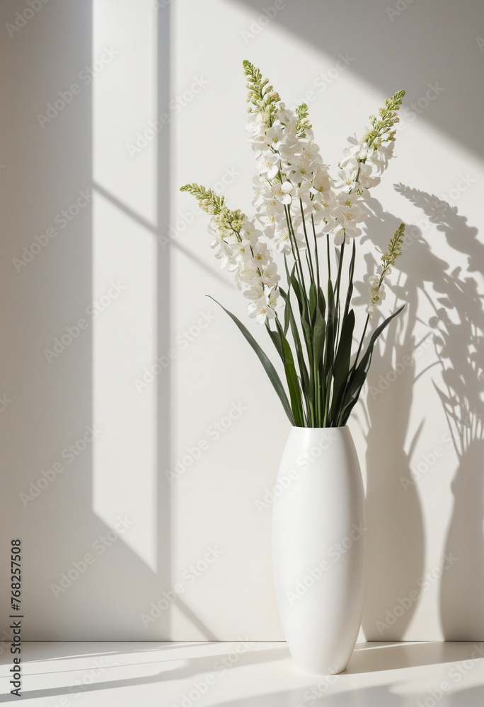 beautiful white flower vase with sun shade shadow pattern on white plain wall backdrop minimal interior style 