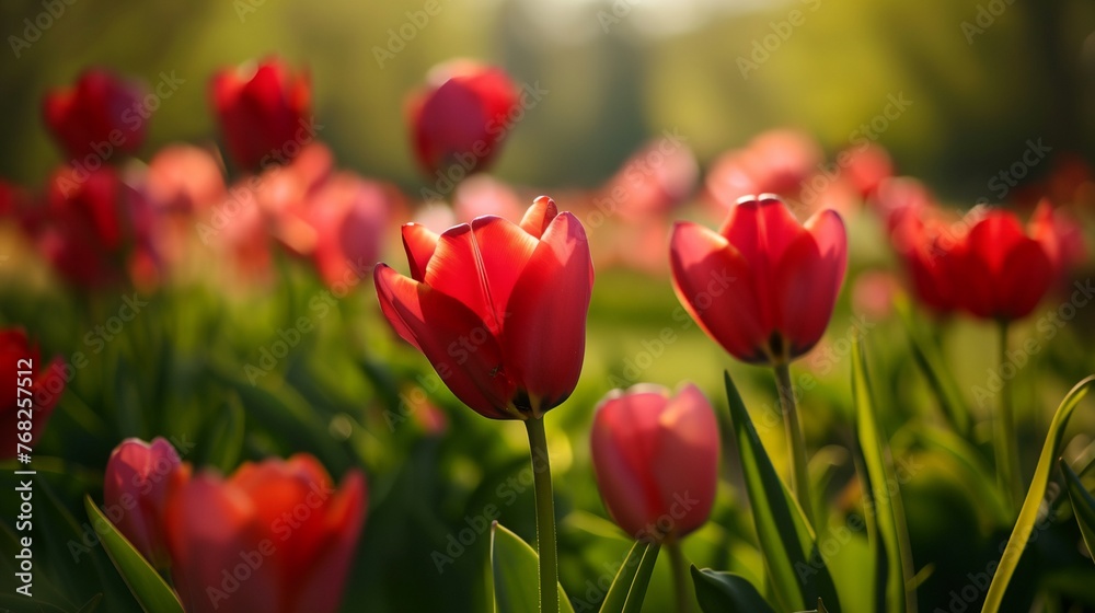 a field of red flowers with green leaves and a blurry background