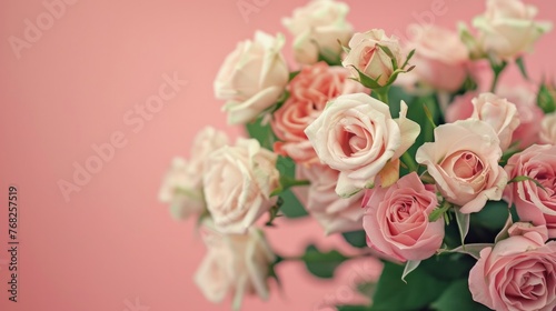 Bouquet of small white - pink roses on a pastel background close-up  with copy space. The concept for the day of lovers and all the holidays. Floral Minimalism