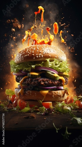 burger floating in the air, cinematic, food professional photography, studio lighting, modern restaurant background, michellin star, splash fire - generative ai photo