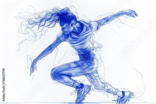 A happy jumping woman athlete is drawn in continuous line