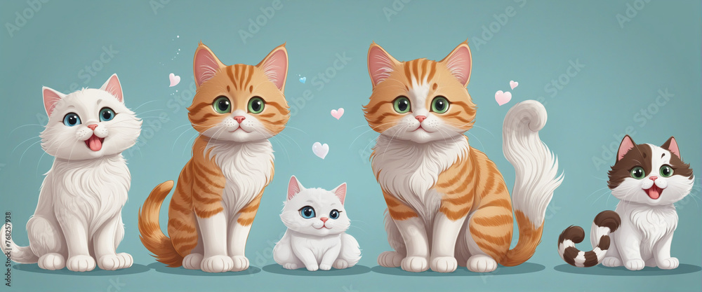 Set of Cute cat Illustrations for Playful Paws with popping up hearts. Trendy Adorable Designs