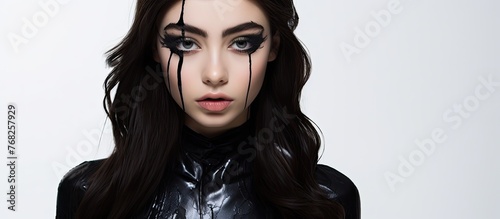 A woman is elegantly dressed in a sleek black latex outfit, accentuating her eyes with sharp cat eyeliner.