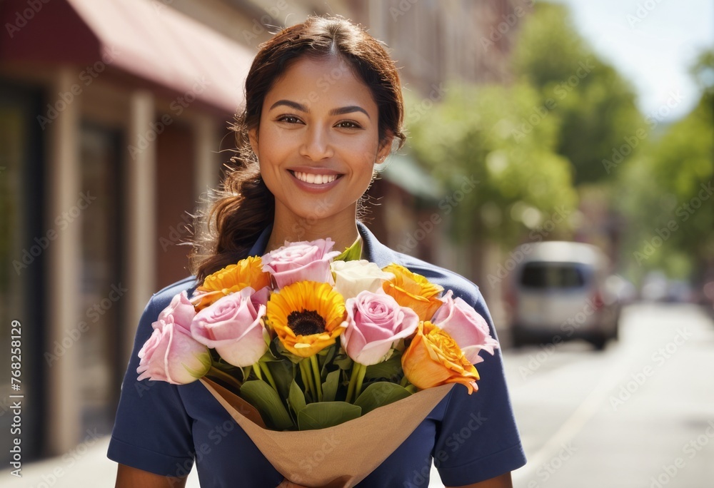 Fototapeta premium A delivery person smiles while holding a beautiful bouquet of fresh flowers, likely delivering a touch of beauty to someone's day.