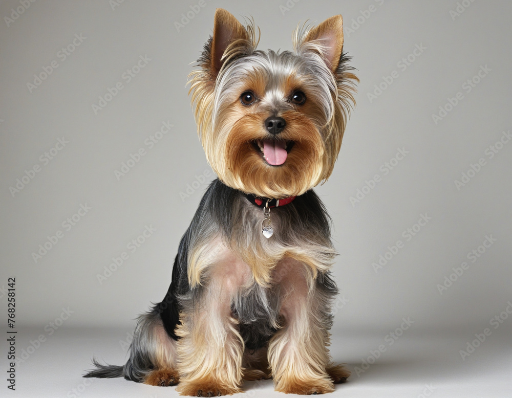 Scruffy cute Yorkshire terrier dog, sitting up facing front Looking towards camera and smiling