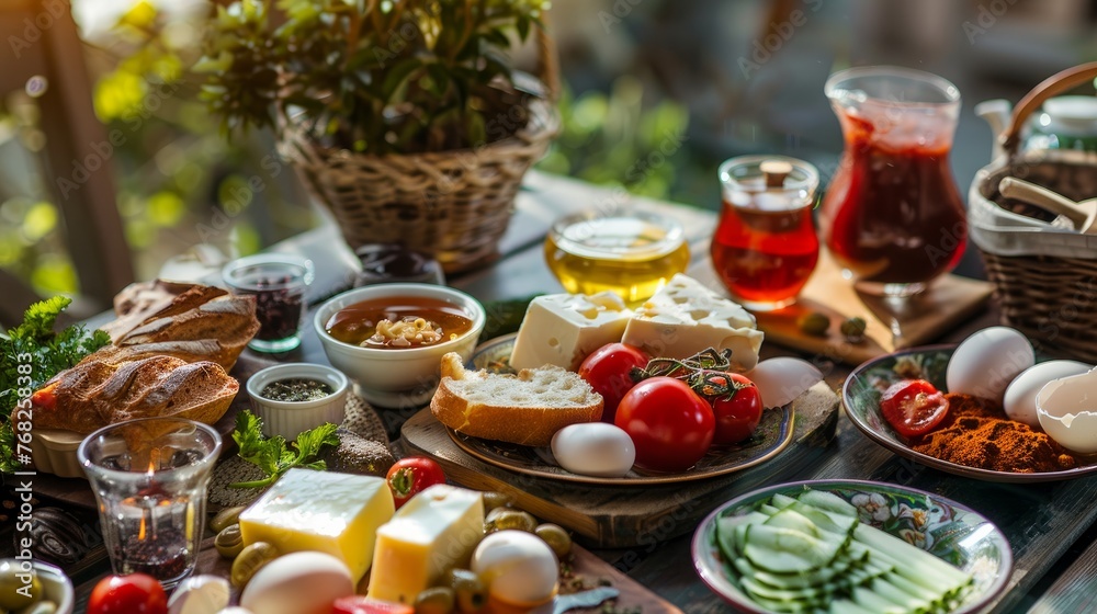 Delicious rich Traditional Turkish breakfast include tomatoes, cucumbers, cheese, butter, eggs, honey, bread, bagels, olives and tea cups. Ramadan Suhoor aka Sahur (morning meal before fasting)