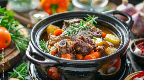 Cooked shank with vegetables in the cooking pot. Many foods on the table.
