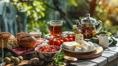 Delicious rich Traditional Turkish breakfast include tomatoes, cucumbers, cheese, butter, eggs, honey, bread, bagels, olives and tea cups. Ramadan Suhoor aka Sahur (morning meal before fasting)
