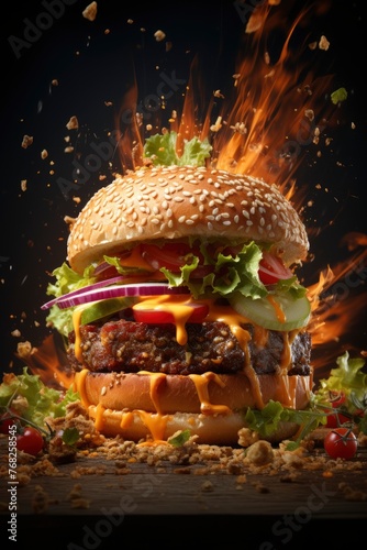 burger floating in the air, cinematic, food professional photography, studio lighting, modern restaurant background, michellin star, splash fire - generative ai photo