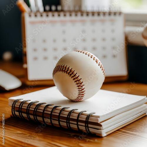 A baseball with a calendar in the background 