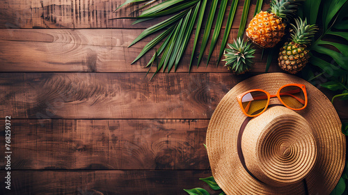 A straw hat adorned with orange sunglasses rests on a wooden surface, evoking a summery vibe.