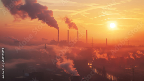 Industrial skyline at dawn with smoke plumes  suitable for discussions on energy production and environmental impact.