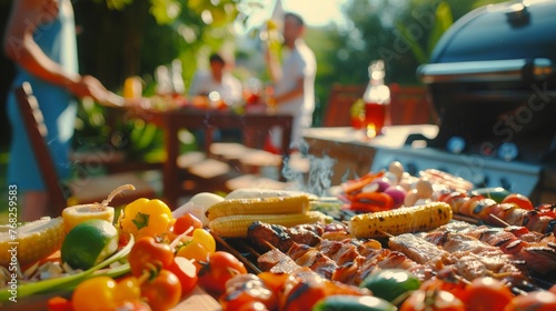 Family or friends prepare barbecue in their kitchen. Assorted delicious barbecue with meat and vegetable  photo