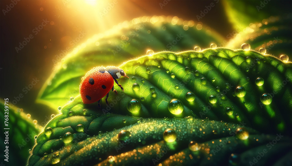 A ladybug exploring the edge of a lush green leaf, on the surface of which drops of water are scattered. Golden Hour lighting creates a warm light that highlights the contrast between the ladybug's br - obrazy, fototapety, plakaty 