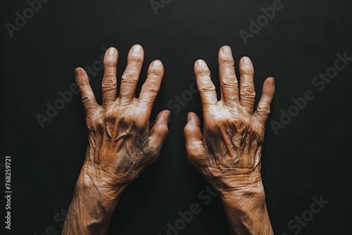 Closeup of a persons hands showing signs of arthritis with fingers bent and restricted movement. Concept Closeup Photography, Arthritis Awareness, Restricted Movement, Health Conditions, Hand Poses photo