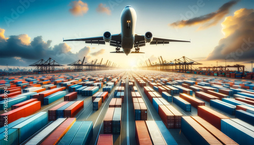 An airplane is in the sky, directly above a huge array of multi-colored cargo containers. The containers are neatly organized in the expansive warehouse area, symbolizing a busy hub for global trade a
