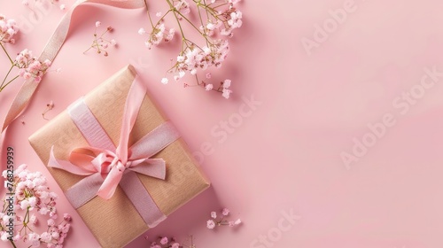 Greeting card concept of giving present idea at Valentine's, anniversary, mother's day and birthday surprise on pink background, copyspace, topview, flatlay © Nijat