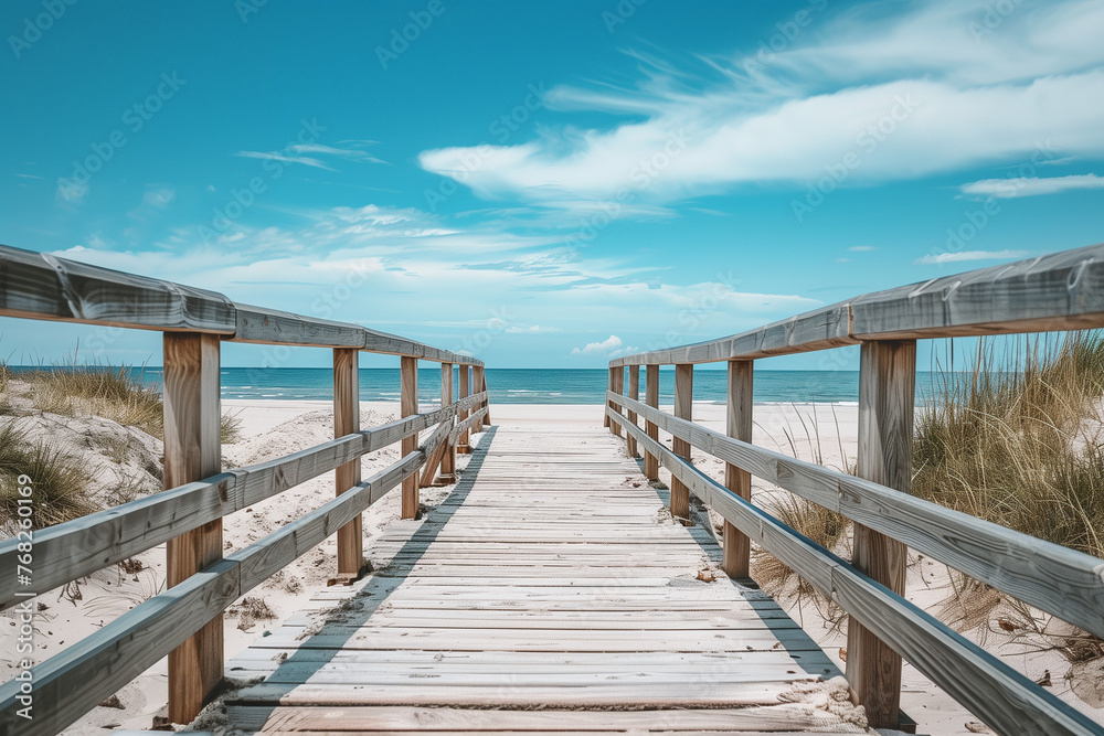 Clear Skies and Calm Seas with Wooden Walkway Perfect for Travel Guides and Serene Landscape Illustrations
