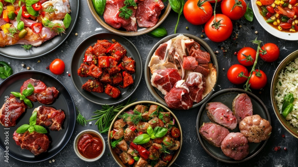 Meat dishes. Plates of various meat. Non vegetarian food banner. Top view. Panorama, banner 