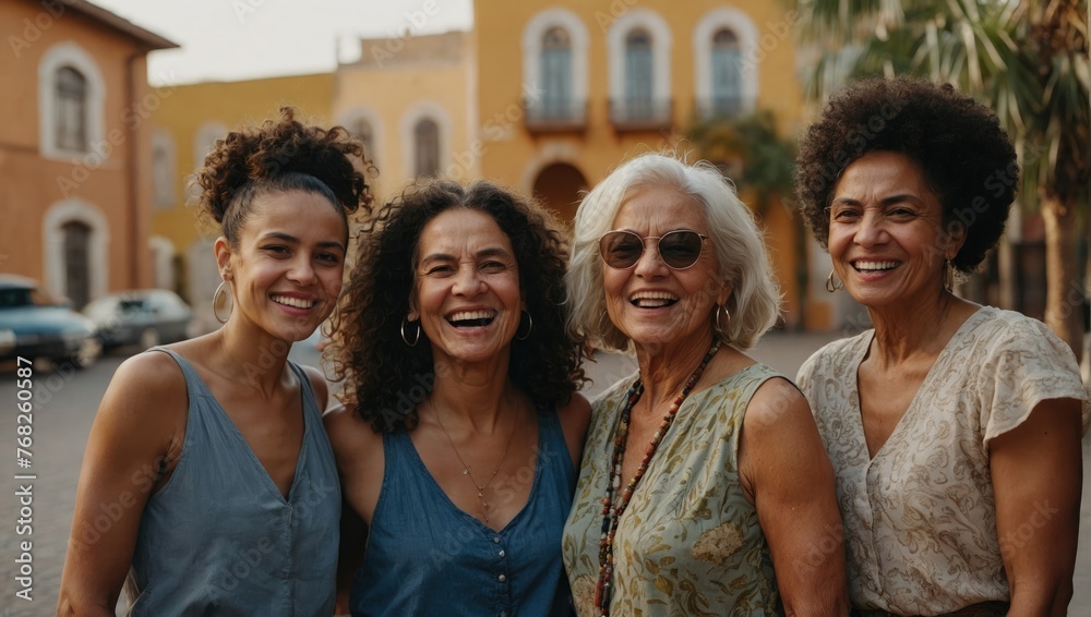Fototapeta premium group of women laughing together while standing in the street