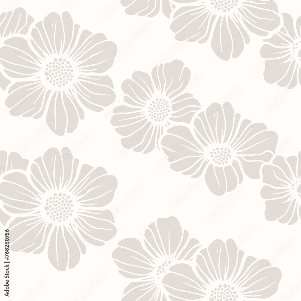 Subtle minimal floral seamless pattern. Elegant beige and white vector texture with big summer flowers, petals, simple silhouettes. Delicate background. Repeated design for wallpaper, print, textile