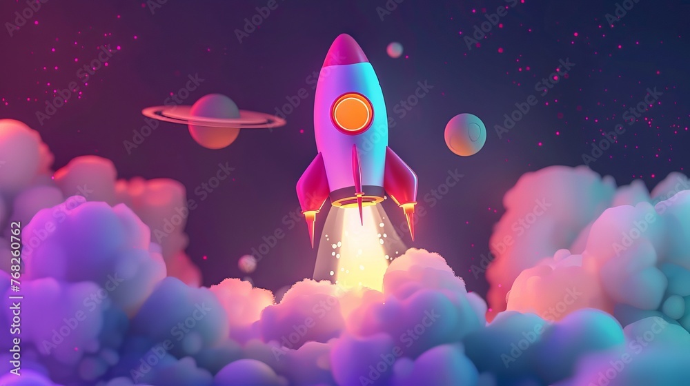 A cartoon illustration representing the concept of startup and space exploration. This abstract illustration features a spaceship launch, symbolizing the journey of a startup venture. 