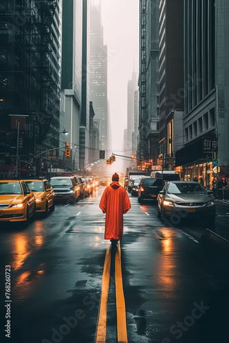 A woman in a red coat walks down a city street in the rain