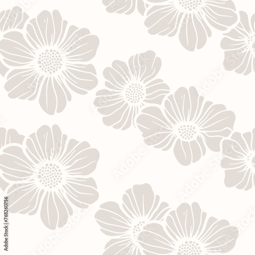 Subtle minimal floral seamless pattern. Elegant beige and white vector texture with big summer flowers, petals, simple silhouettes. Delicate background. Repeated design for wallpaper, print, textile