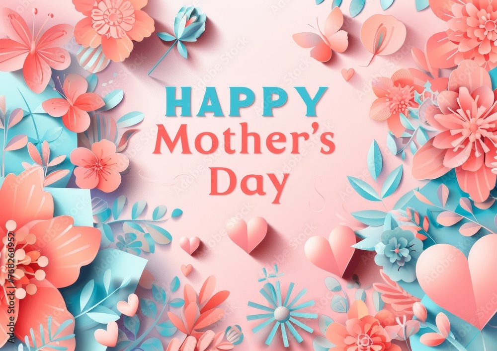 A vibrant Mother's Day graphic design with paper flowers, hearts, and 'Happy Mother's Day' message in pastel tones.
