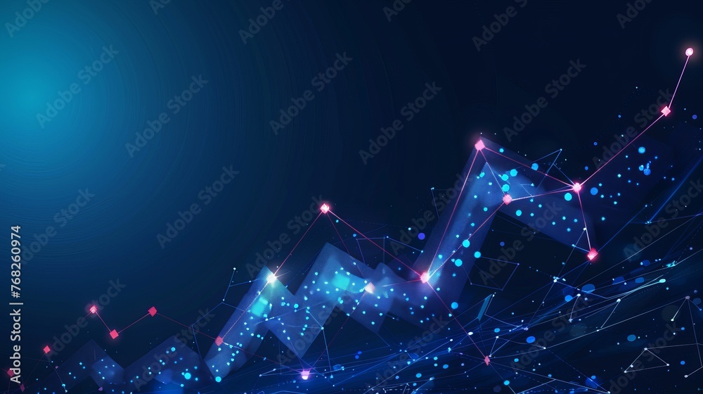 "An illustration depicting a business arrow indicating upward growth, set against a circuit technology background on a dark blue backdrop - obrazy, fototapety, plakaty 