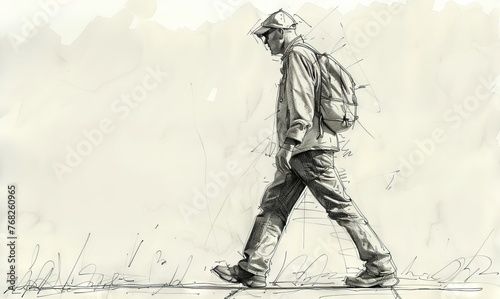 Single line drawing of a happy man walking