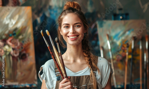 A smiling female artist is holding brushes