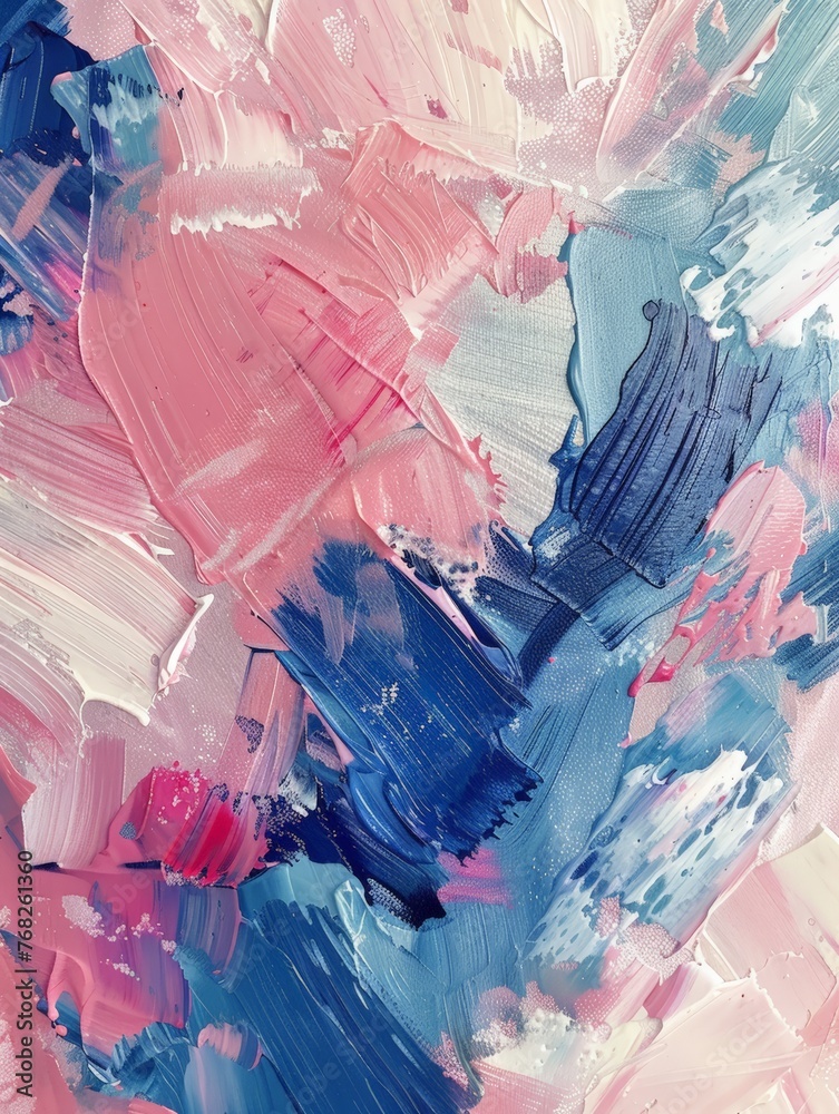 An abstract painting with vibrant blue, pink, and white colors blending and intertwining in dynamic shapes and patterns