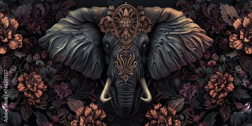 Illustration of an elegant Elephant head with rich, dark colors and ornate patterns against the backdrop of lush floral motifs created with Generative AI Technology