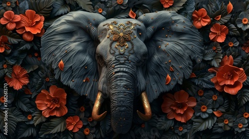 Illustration of an elegant Elephant head with rich, dark colors and ornate patterns against the backdrop of lush floral motifs created with Generative AI Technology